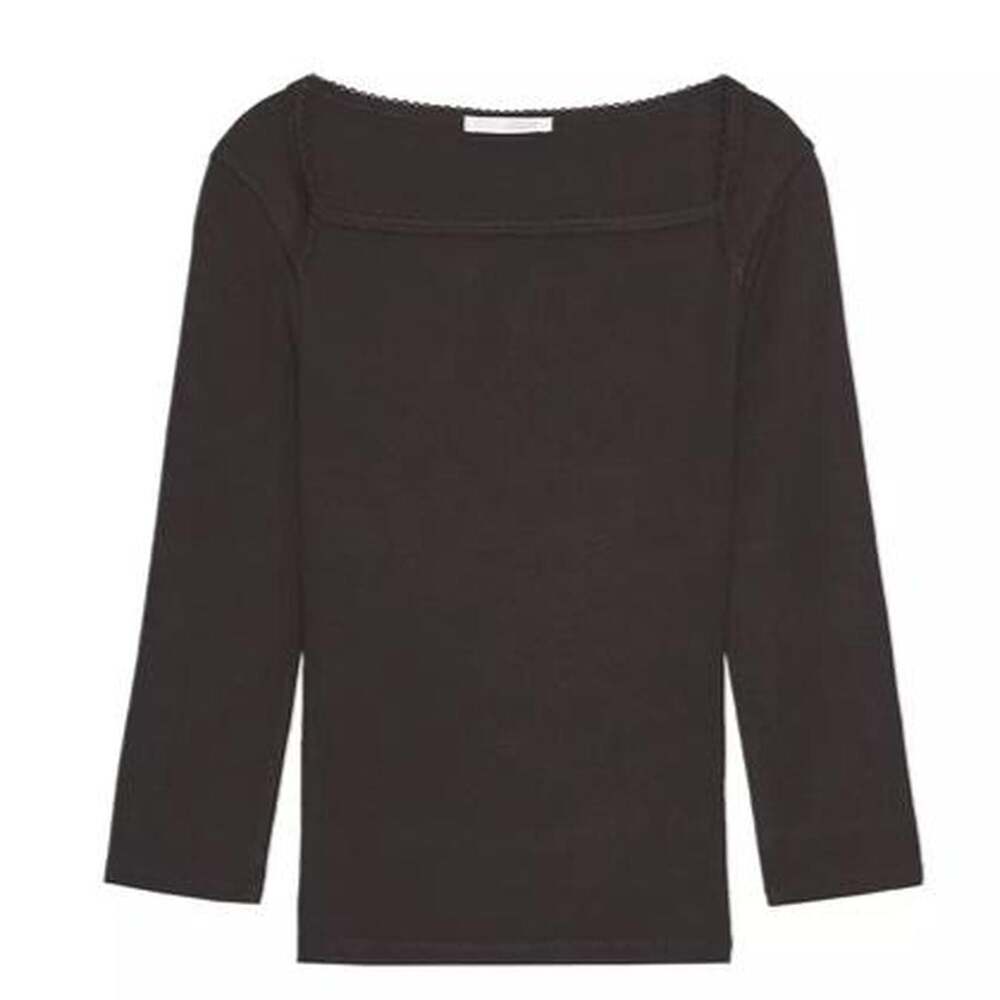 Zara Cotton Modal Square Neck Long Sleeve Top Brown